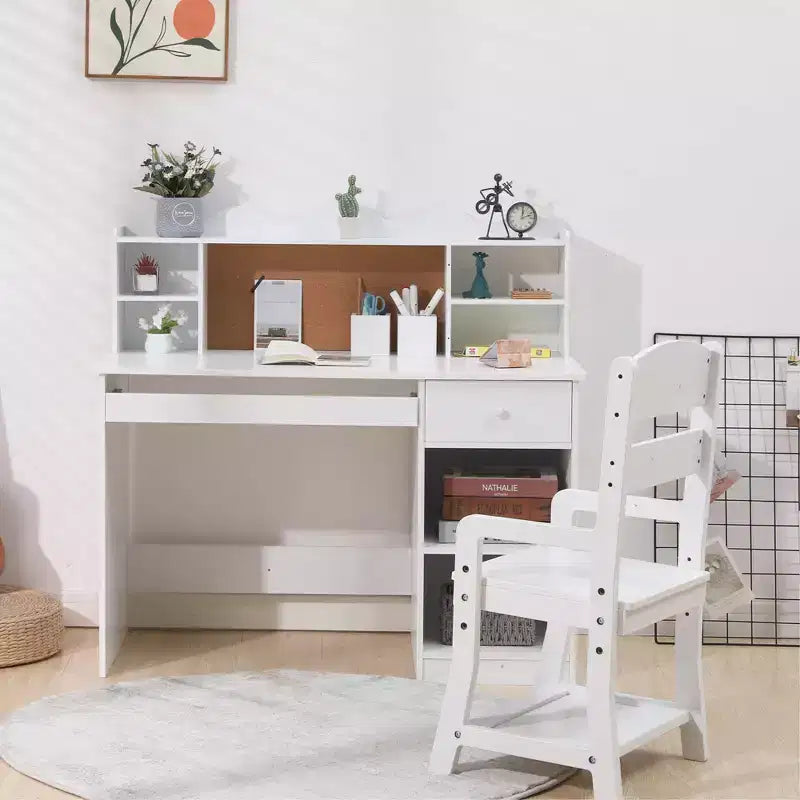 White Kids Desk, Study Desk and Chair Set with Bookshelf, Bulletin Board, and Cabinets - Ideal for Boys and Girls Ages 3-8