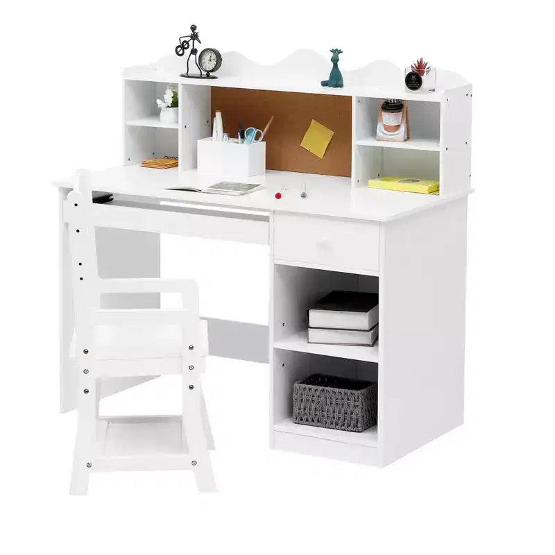 Bureau blanc pour enfants, ensemble bureau et chaise avec étagère, tableau d'affichage et armoires - Idéal pour les garçons et les filles de 3 à 8 ans