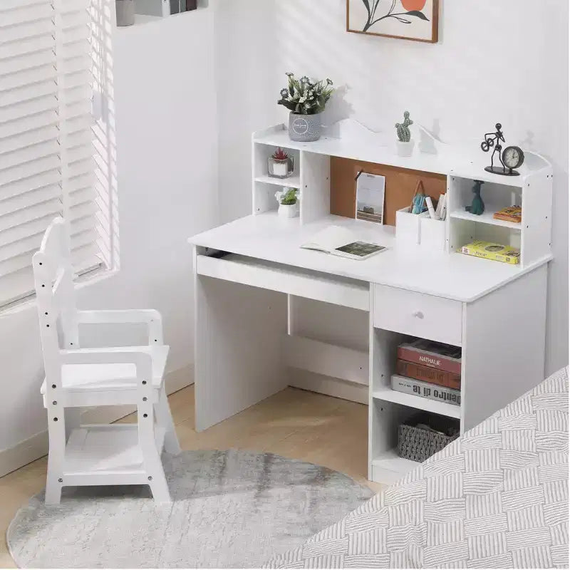 Bureau blanc pour enfants, ensemble bureau et chaise avec étagère, tableau d'affichage et armoires - Idéal pour les garçons et les filles de 3 à 8 ans