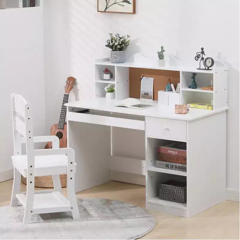 Bureau blanc pour enfants, ensemble bureau et chaise avec étagère, tableau d'affichage et armoires - Idéal pour les garçons et les filles de 3 à 8 ans