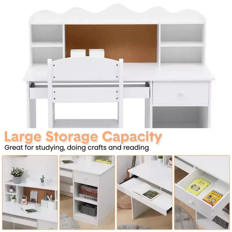 Bureau blanc pour enfants, ensemble bureau et chaise avec étagère, tableau d'affichage et armoires - Idéal pour les garçons et les filles de 3 à 8 ans