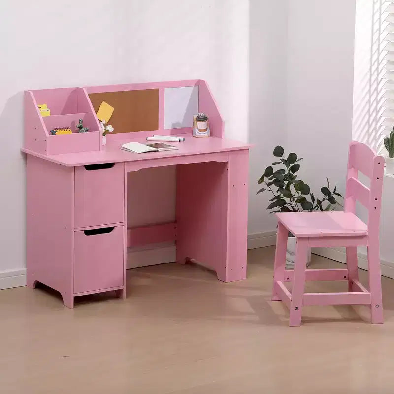 Bureau d'étude et chaise pour enfants avec étagère et tableau d'affichage - Table d'écriture blanche, meubles de rangement, pour les 3-8 ans