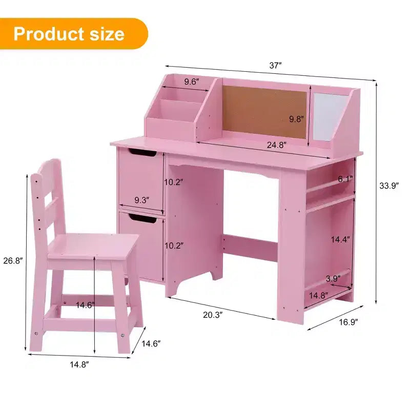 Bureau d'étude et chaise pour enfants avec étagère et tableau d'affichage - Table d'écriture blanche, meubles de rangement, pour les 3-8 ans