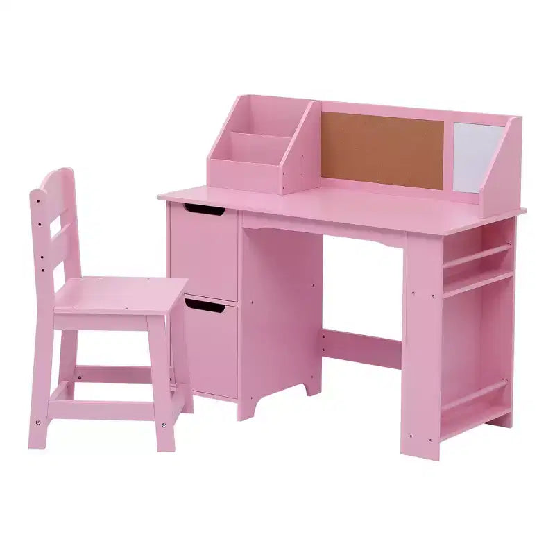 Bureau d'étude et chaise pour enfants avec étagère et tableau d'affichage - Table d'écriture blanche, meubles de rangement, pour les 3-8 ans