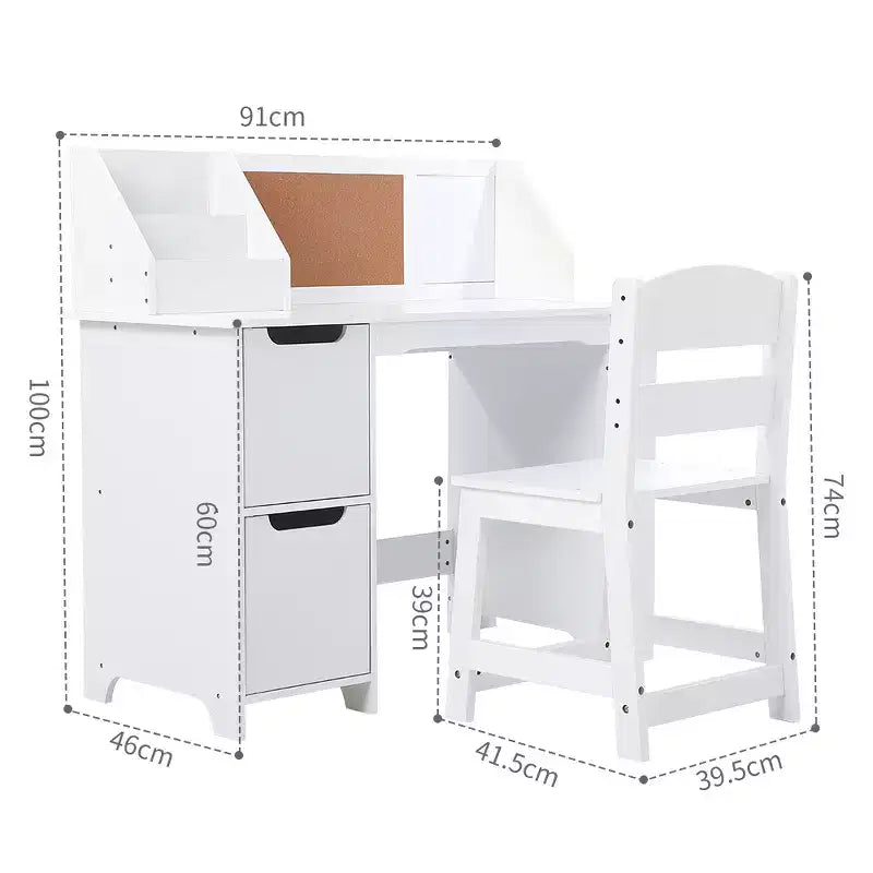 Bureau d'étude et chaise pour enfants avec étagère et tableau d'affichage - Table d'écriture blanche, meubles de rangement, pour les 3-8 ans
