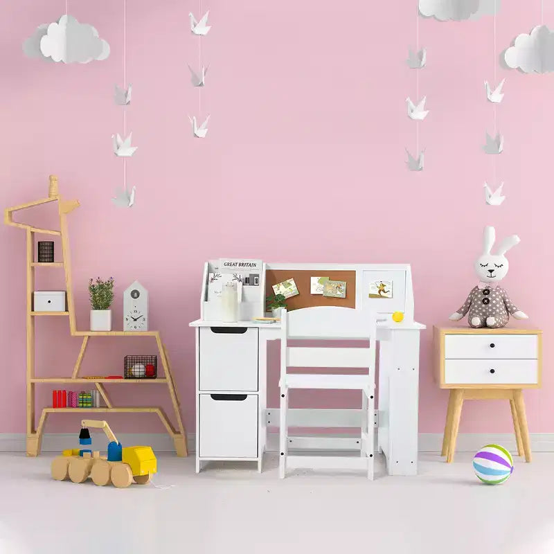 Bureau d'étude et chaise pour enfants avec étagère et tableau d'affichage - Table d'écriture blanche, meubles de rangement, pour les 3-8 ans