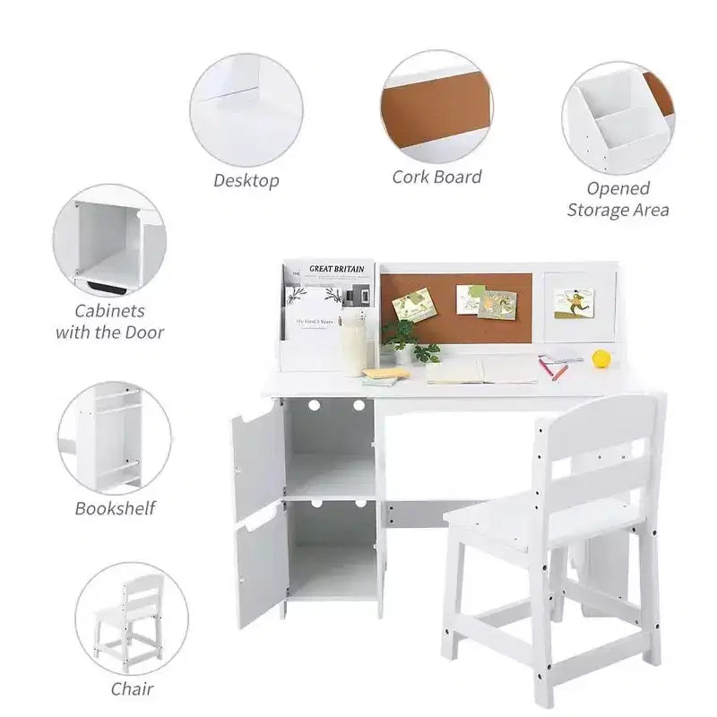 Bureau d'étude et chaise pour enfants avec étagère et tableau d'affichage - Table d'écriture blanche, meubles de rangement, pour les 3-8 ans