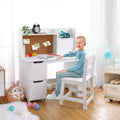 Wooden Kids Desk & Chair Set with Storage Shelf & Bulletin Board - White Study Table Durable Writing Desk for Ages 3+