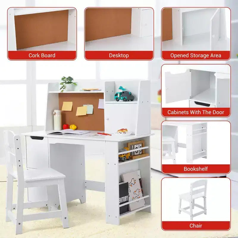 Bureau et chaise en bois pour enfants avec étagère de rangement et tableau d'affichage – Bureau d'étude blanc durable pour les 3 ans et plus