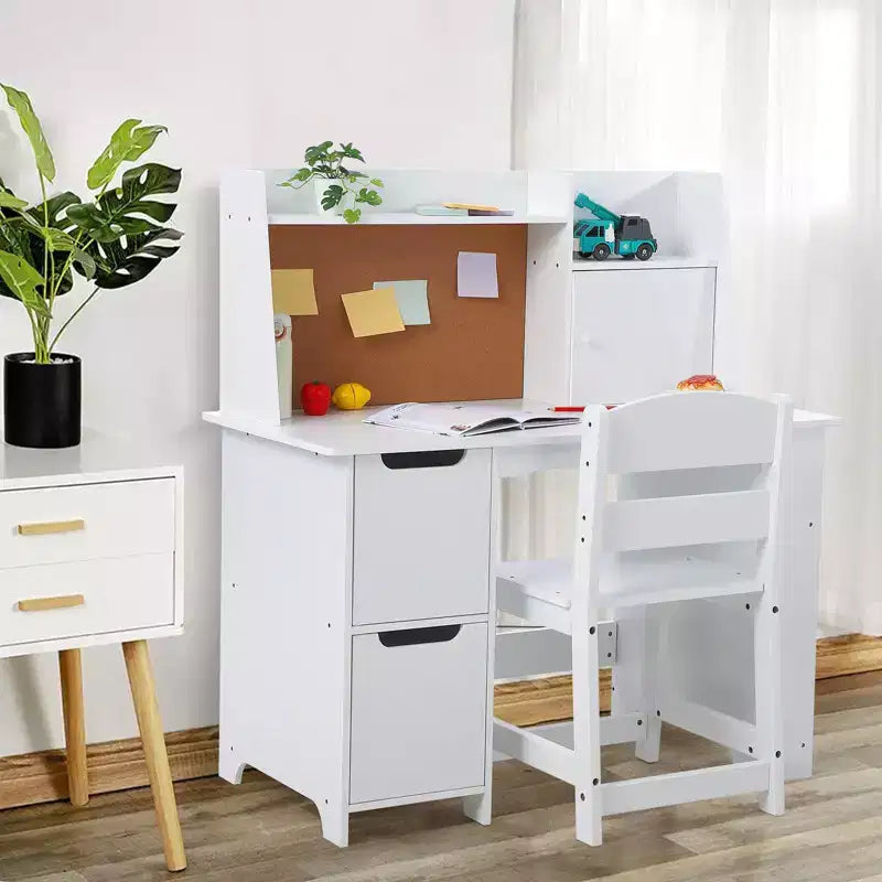 Bureau et chaise en bois pour enfants avec étagère de rangement et tableau d'affichage – Bureau d'étude blanc durable pour les 3 ans et plus