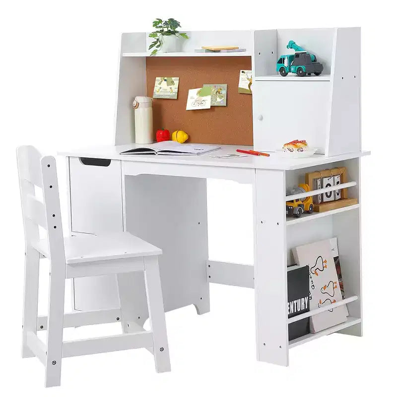 Bureau et chaise en bois pour enfants avec étagère de rangement et tableau d'affichage – Bureau d'étude blanc durable pour les 3 ans et plus