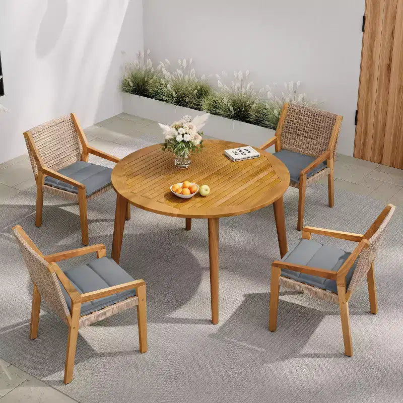 Christopher Knight Home Neva, ensemble de salle à manger d'extérieur 5 pièces avec table en bois d'acacia et chaises en osier