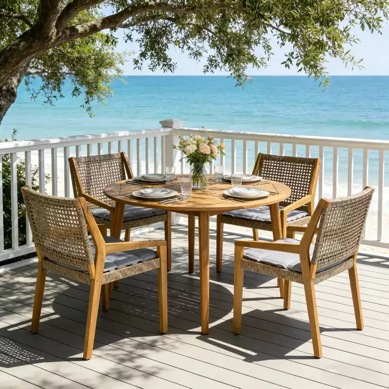 Christopher Knight Home Neva 5 Piece Outdoor Dining Set with Acacia Wood Table and Wicker Chairs