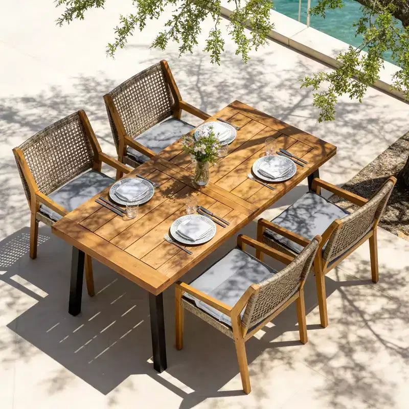Ensemble de salle à manger d'extérieur industriel 5 pièces Neva de Christopher Knight Home en bois d'acacia et osier avec coussins