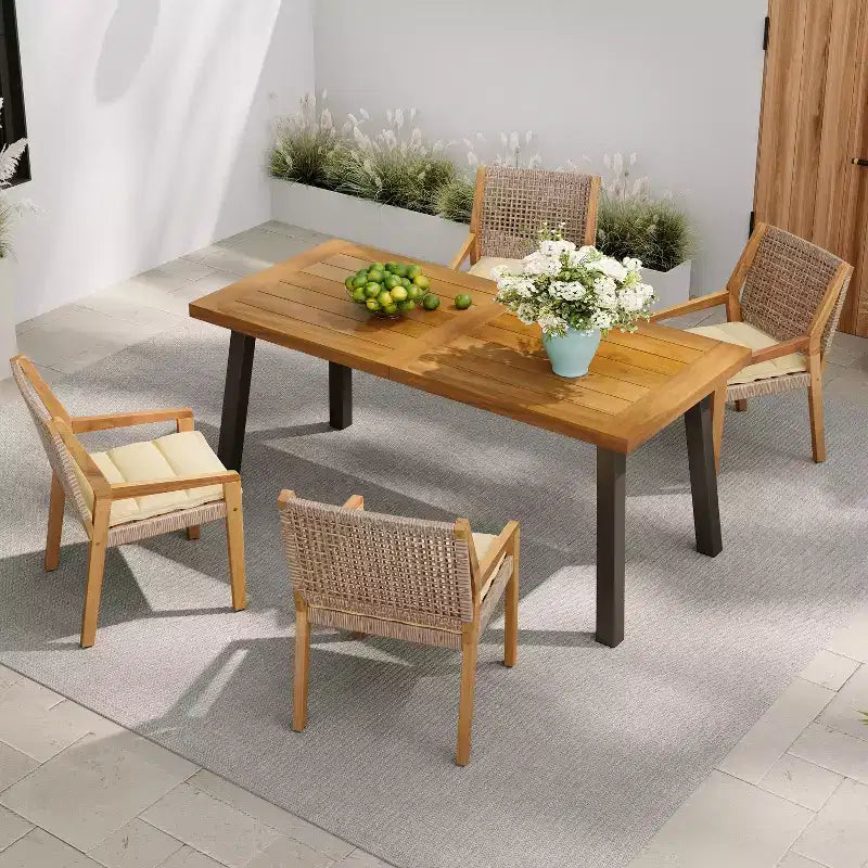 Christopher Knight Home Neva 5 Piece Industrial Outdoor Acacia Wood and Wicker Dining Set with Cushions
