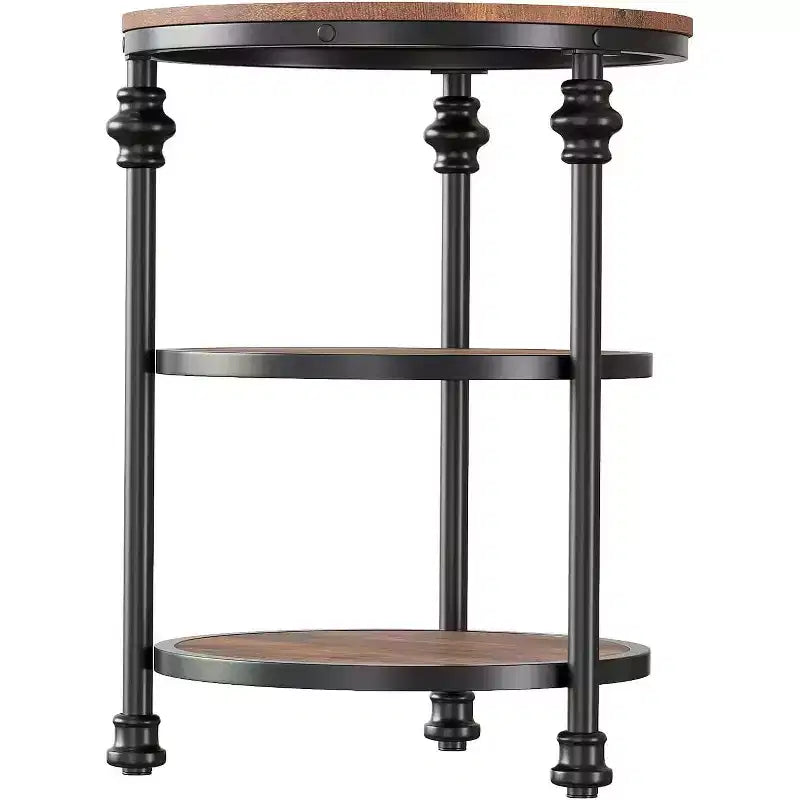Table d'appoint ronde à 3 niveaux, tables d'appoint de salon, petite table de coin avec étagères de rangement, pieds en métal, table de chevet industrielle pour chambre, marron