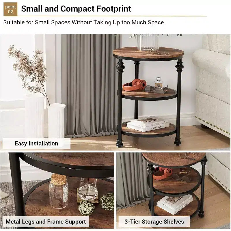 Table d'appoint ronde à 3 niveaux, tables d'appoint de salon, petite table de coin avec étagères de rangement, pieds en métal, table de chevet industrielle pour chambre, marron
