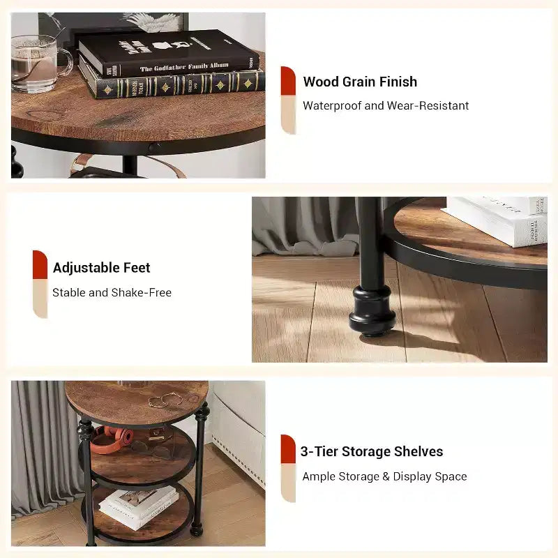 Table d'appoint ronde à 3 niveaux, tables d'appoint de salon, petite table de coin avec étagères de rangement, pieds en métal, table de chevet industrielle pour chambre, marron