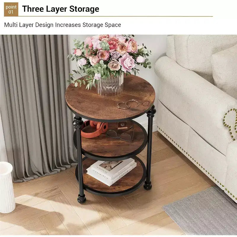 Table d'appoint ronde à 3 niveaux, tables d'appoint de salon, petite table de coin avec étagères de rangement, pieds en métal, table de chevet industrielle pour chambre, marron