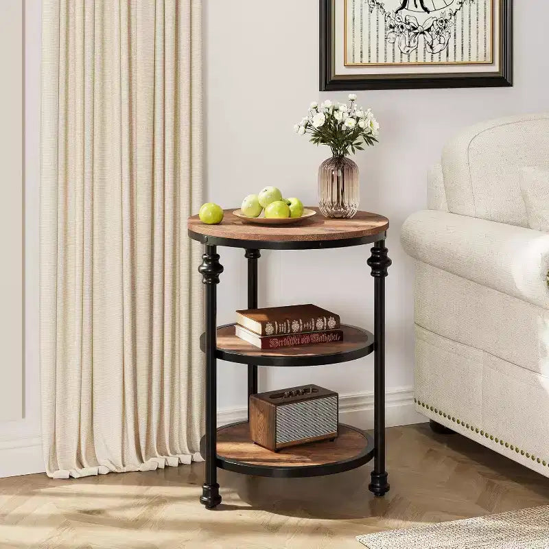 Table d'appoint ronde à 3 niveaux, tables d'appoint de salon, petite table de coin avec étagères de rangement, pieds en métal, table de chevet industrielle pour chambre, marron