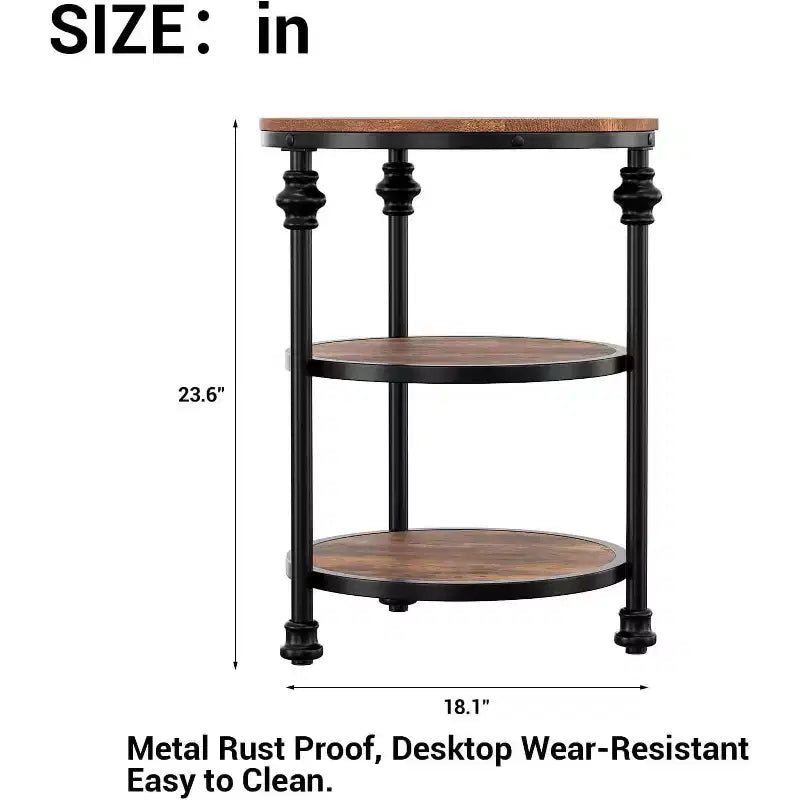 Table d'appoint ronde à 3 niveaux, tables d'appoint de salon, petite table de coin avec étagères de rangement, pieds en métal, table de chevet industrielle pour chambre, marron
