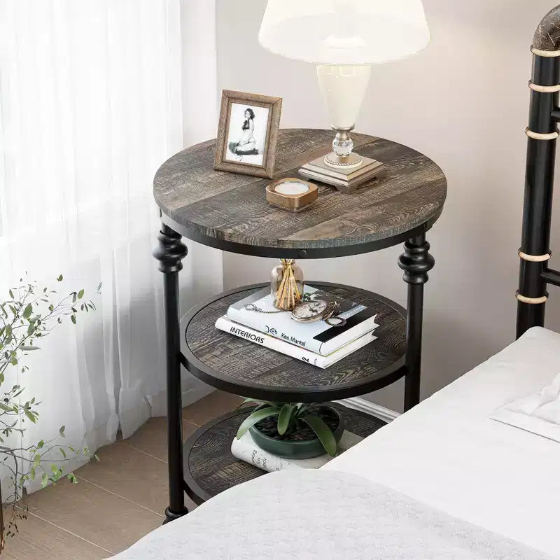 Table d'appoint ronde à 3 niveaux, tables d'appoint de salon, petite table de coin avec étagères de rangement, pieds en métal, table de chevet industrielle pour chambre, marron