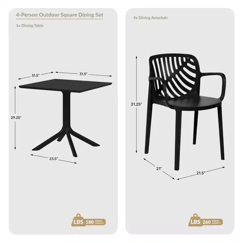 Ensemble table de salle à manger carrée d'extérieur 5 pièces WestinTrends Playa avec chaises de salle à manger empilables