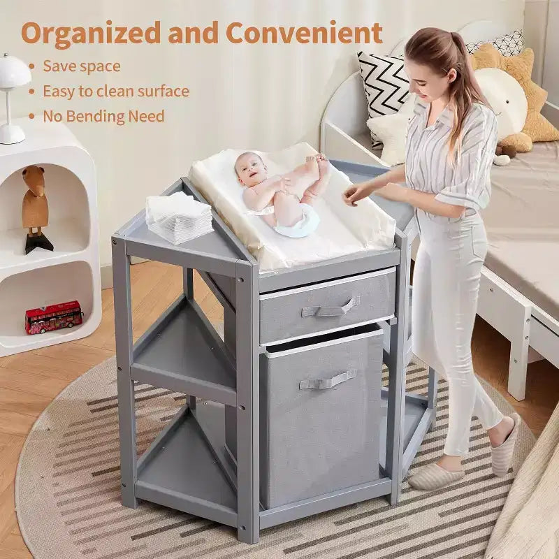 Table à langer Baby Corner avec tiroir de rangement, Station à langer avec matelas à langer, Table à langer en bois pour nourrissons et tout-petits