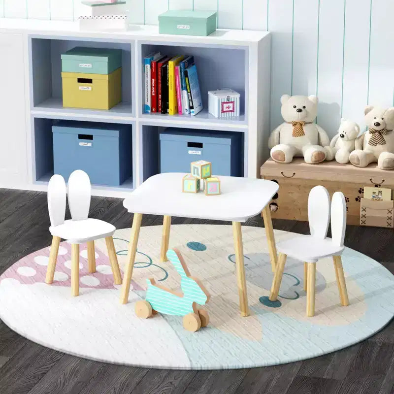 Ensemble table enfant 3 pièces avec 2 chaises, ensemble table et chaises lapin pour tout-petits en bois pour enfants, blanc + naturel - ModernLuxe