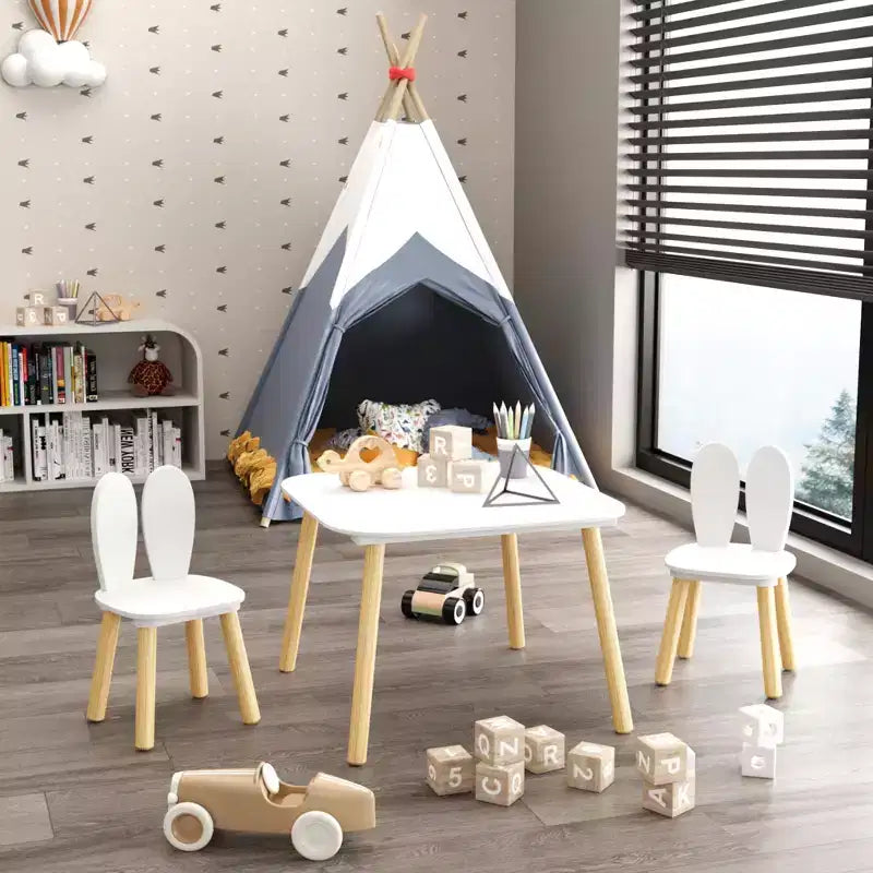 Ensemble table enfant 3 pièces avec 2 chaises, ensemble table et chaises lapin pour tout-petits en bois pour enfants, blanc + naturel - ModernLuxe