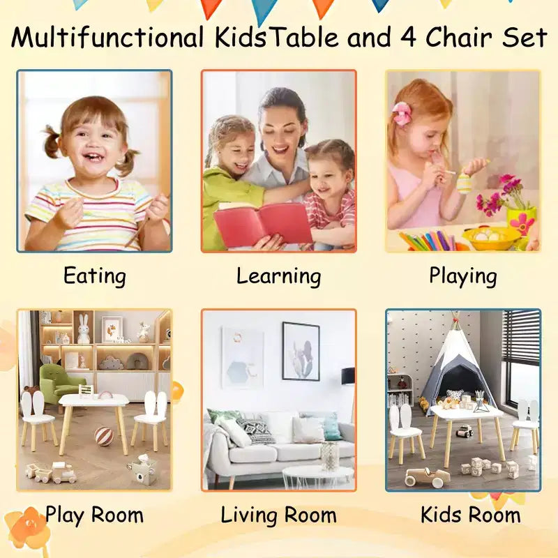 Ensemble table enfant 3 pièces avec 2 chaises, ensemble table et chaises lapin pour tout-petits en bois pour enfants, blanc + naturel - ModernLuxe