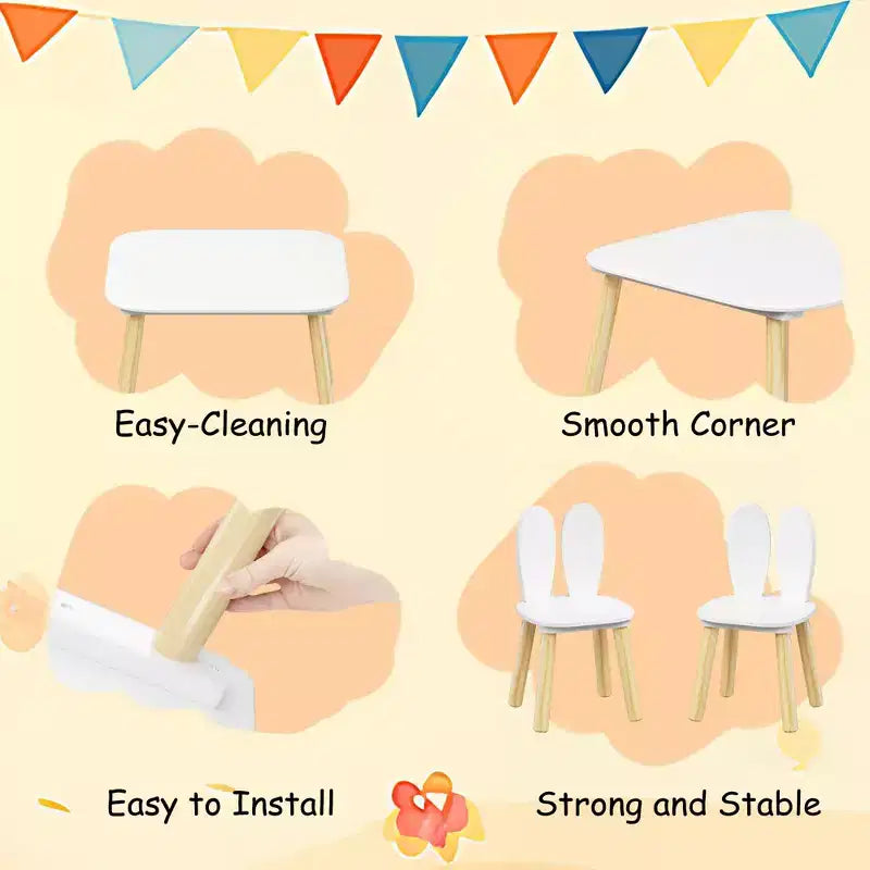 Ensemble table enfant 3 pièces avec 2 chaises, ensemble table et chaises lapin pour tout-petits en bois pour enfants, blanc + naturel - ModernLuxe