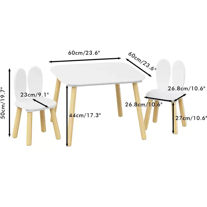 Ensemble table enfant 3 pièces avec 2 chaises, ensemble table et chaises lapin pour tout-petits en bois pour enfants, blanc + naturel - ModernLuxe
