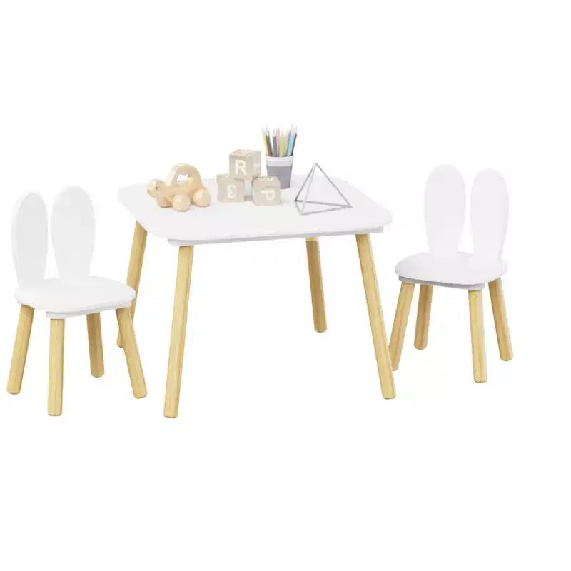Ensemble table enfant 3 pièces avec 2 chaises, ensemble table et chaises lapin pour tout-petits en bois pour enfants, blanc + naturel - ModernLuxe