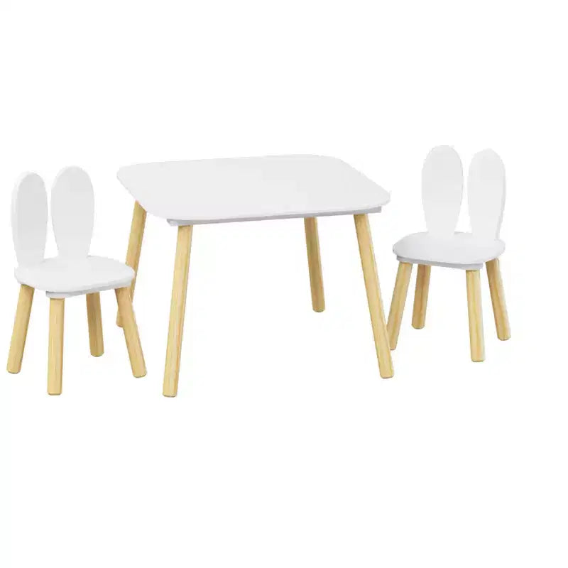 Ensemble table enfant 3 pièces avec 2 chaises, ensemble table et chaises lapin pour tout-petits en bois pour enfants, blanc + naturel - ModernLuxe