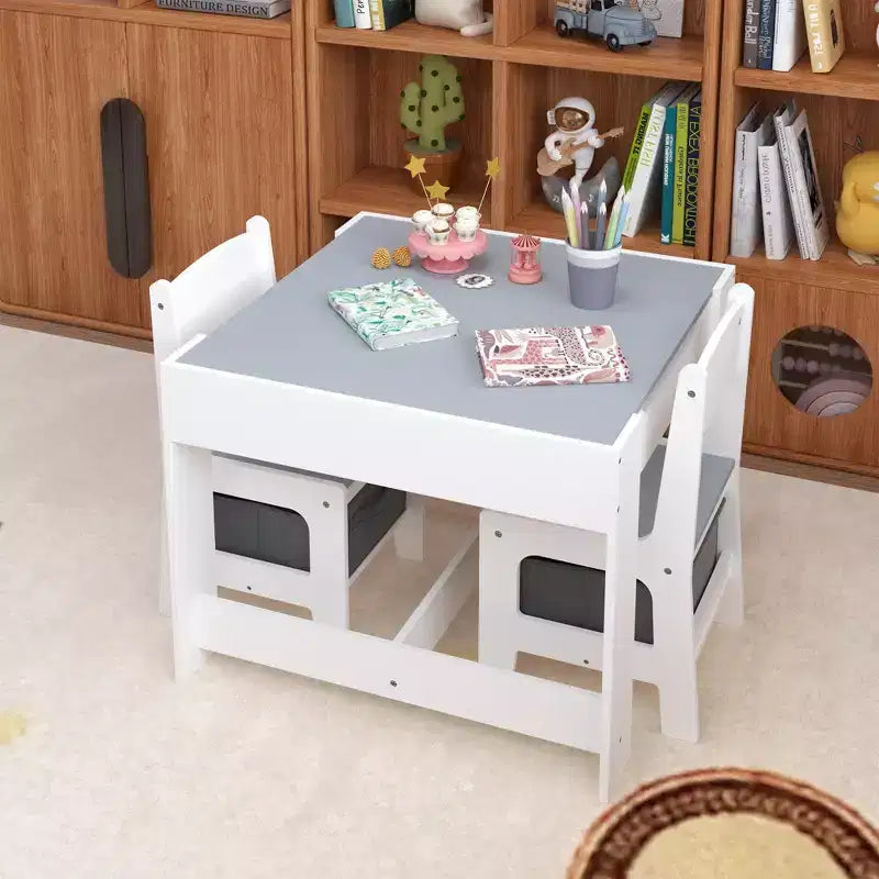 Ensemble de table pour enfant 3 pièces avec table double face et 2 chaises de rangement, ensemble de table et de chaises en bois pour tout-petits, ensemble de table d'activités pour enfants, blanc + gris -ModernLuxe