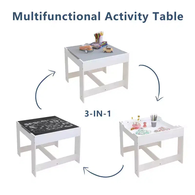 Ensemble de table pour enfant 3 pièces avec table double face et 2 chaises de rangement, ensemble de table et de chaises en bois pour tout-petits, ensemble de table d'activités pour enfants, blanc + gris -ModernLuxe