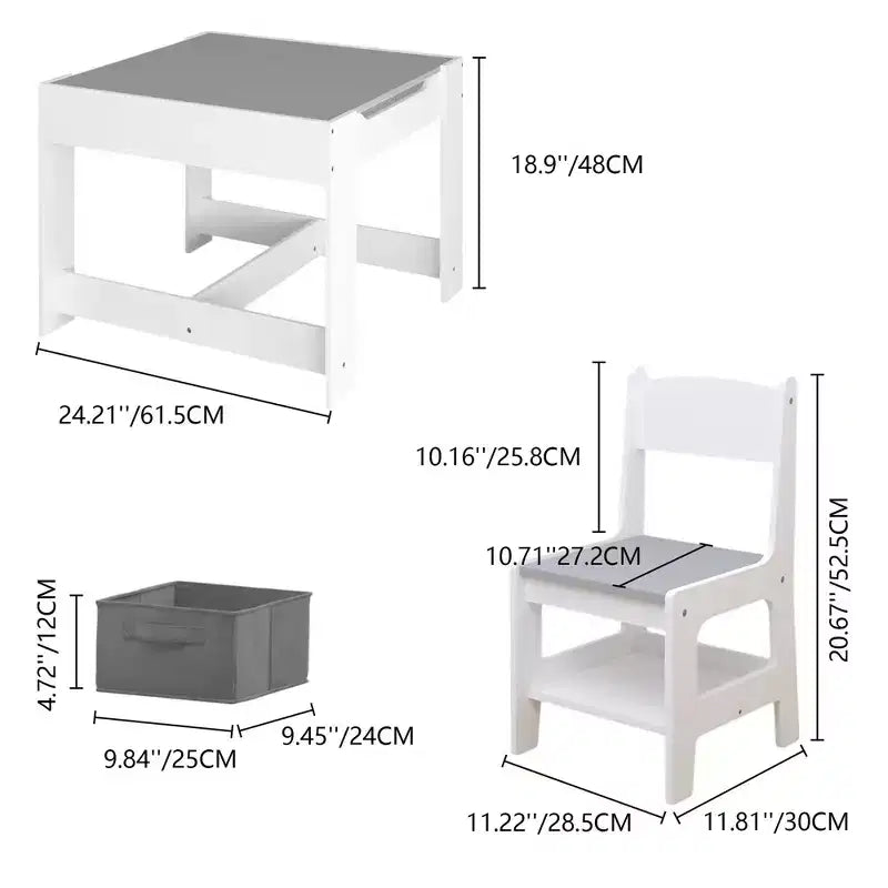 Ensemble de table pour enfant 3 pièces avec table double face et 2 chaises de rangement, ensemble de table et de chaises en bois pour tout-petits, ensemble de table d'activités pour enfants, blanc + gris -ModernLuxe