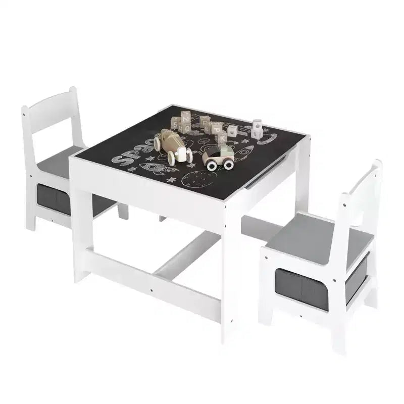 Ensemble de table pour enfant 3 pièces avec table double face et 2 chaises de rangement, ensemble de table et de chaises en bois pour tout-petits, ensemble de table d'activités pour enfants, blanc + gris -ModernLuxe
