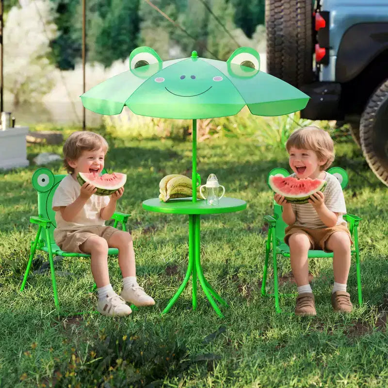 Table et chaises de pique-nique pour enfants Costway avec 2 chaises pliantes et parasol réglable en hauteur Marron/Vert/Rose