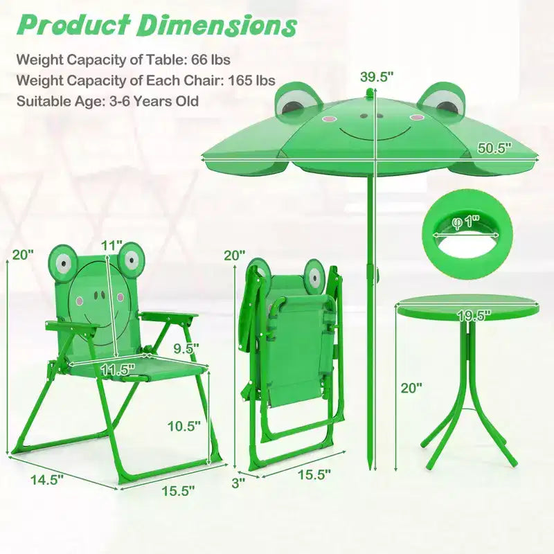 Table et chaises de pique-nique pour enfants Costway avec 2 chaises pliantes et parasol réglable en hauteur Marron/Vert/Rose