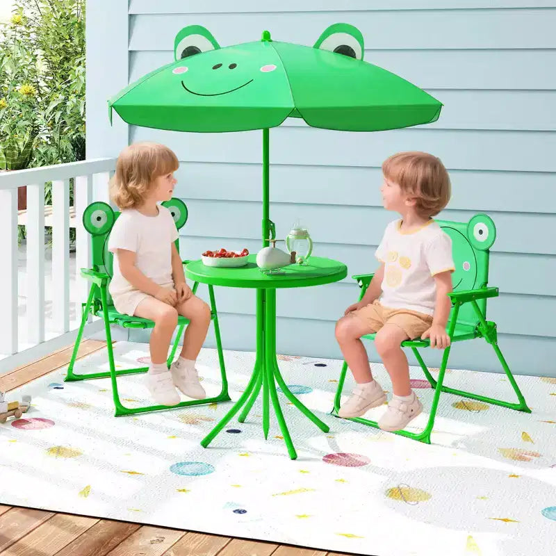 Table et chaises de pique-nique pour enfants Costway avec 2 chaises pliantes et parasol réglable en hauteur Marron/Vert/Rose
