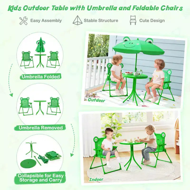 Table et chaises de pique-nique pour enfants Costway avec 2 chaises pliantes et parasol réglable en hauteur Marron/Vert/Rose