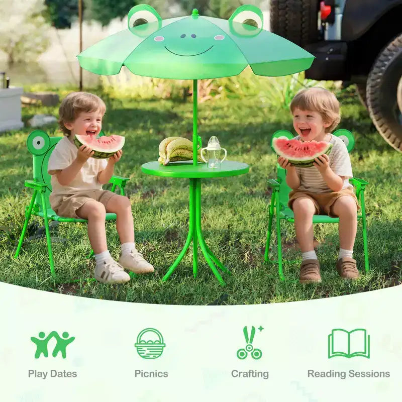 Table et chaises de pique-nique pour enfants Costway avec 2 chaises pliantes et parasol réglable en hauteur Marron/Vert/Rose