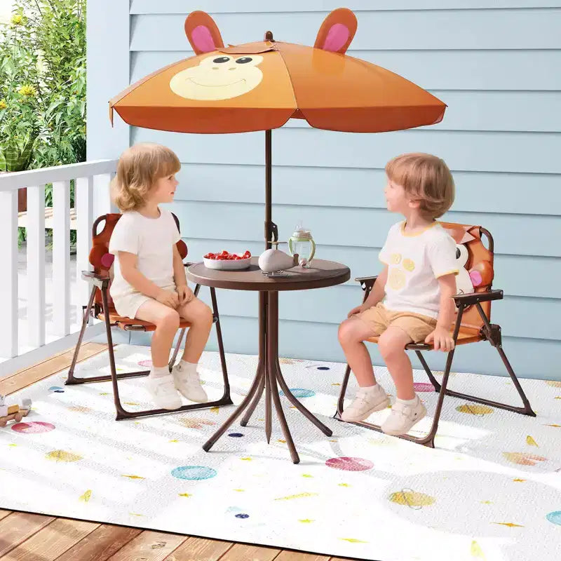 Table et chaises de pique-nique pour enfants Costway avec 2 chaises pliantes et parasol réglable en hauteur Marron/Vert/Rose