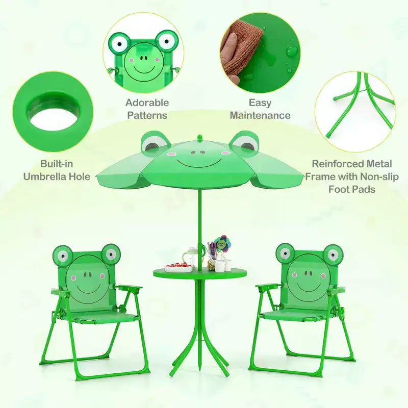 Table et chaises de pique-nique pour enfants Costway avec 2 chaises pliantes et parasol réglable en hauteur Marron/Vert/Rose