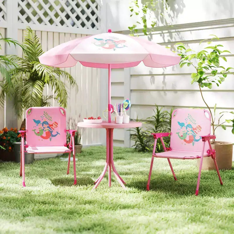 Table et chaises de pique-nique pour enfants Costway avec 2 chaises pliantes et parasol réglable en hauteur Marron/Vert/Rose