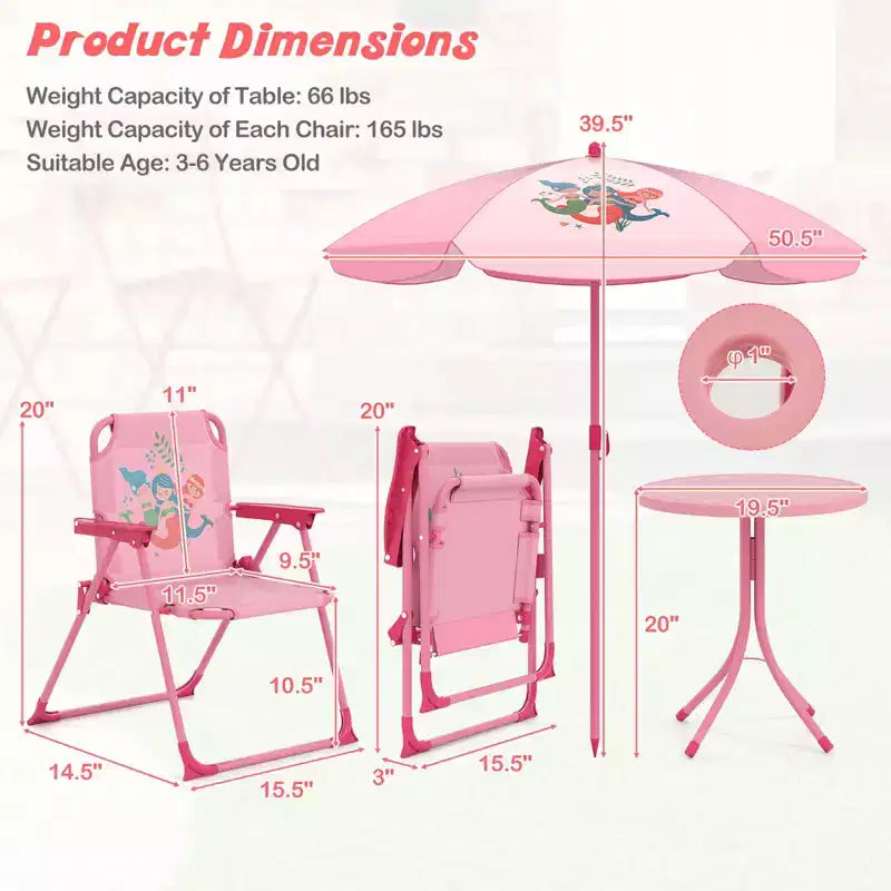Table et chaises de pique-nique pour enfants Costway avec 2 chaises pliantes et parasol réglable en hauteur Marron/Vert/Rose