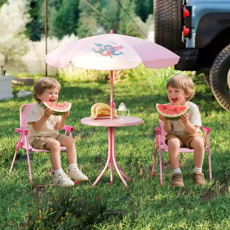 Table et chaises de pique-nique pour enfants Costway avec 2 chaises pliantes et parasol réglable en hauteur Marron/Vert/Rose