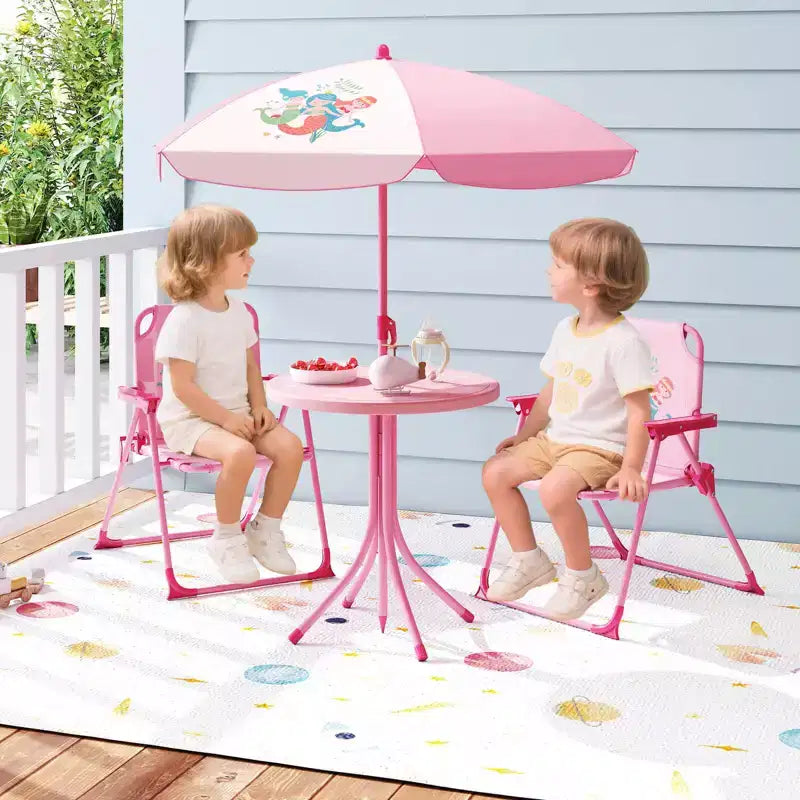 Table et chaises de pique-nique pour enfants Costway avec 2 chaises pliantes et parasol réglable en hauteur Marron/Vert/Rose